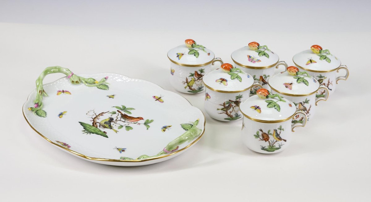 Herend "Rothschild Bird" Porcelain Pots de Creme Set for 6