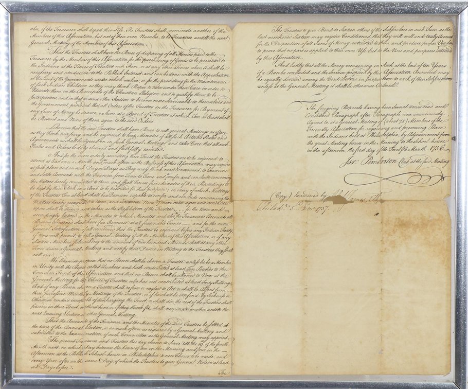 18th Century Document Related to Relationship Between Pennsylvania Quakers and Native Americans