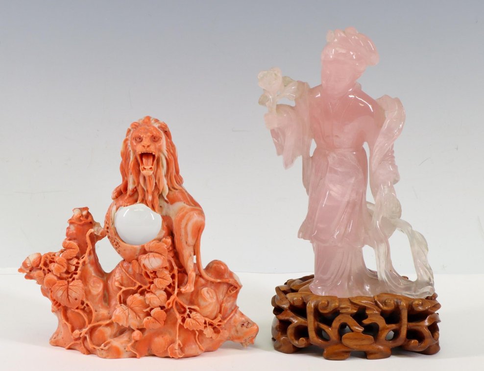 Chinese Coral and Rose Quartz Carved Figures