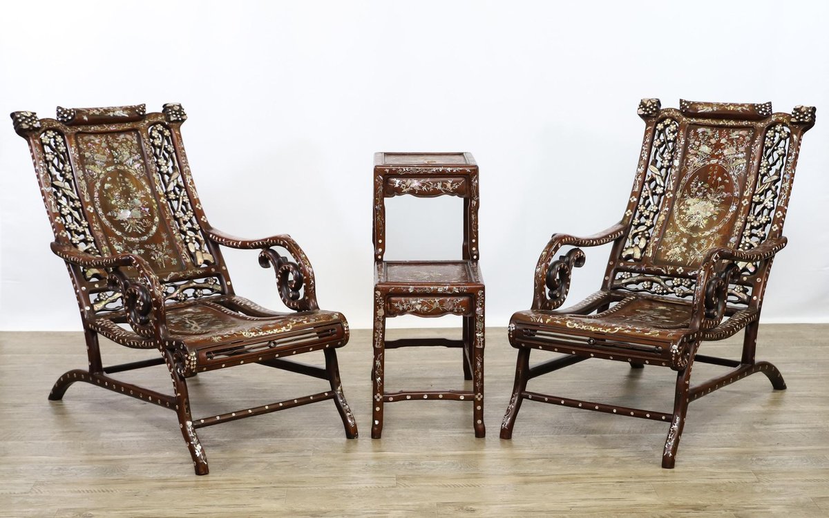 Chinese Mother-of-Pearl Moon Gazing Chairs and Table