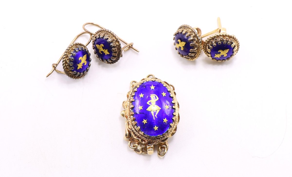 14k YG Enamel Clasp and Earrings