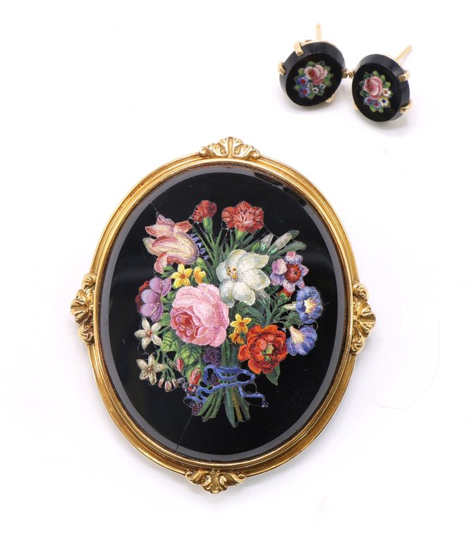 Micro Mosaic Gold Earrings and Pin