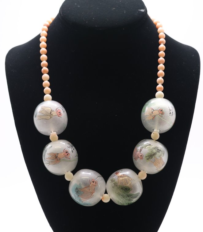 Coral and Reverse Painted Pendant Necklace
