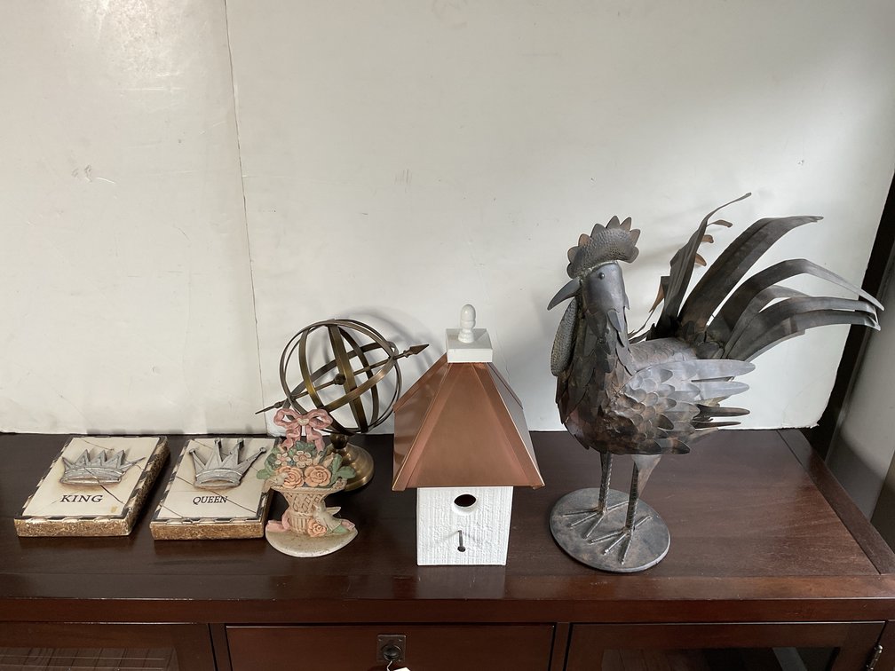 Sid Dickens Crowns Plaques, Armillary Sphere, Metal Rooster, and Decorative Birdhouse