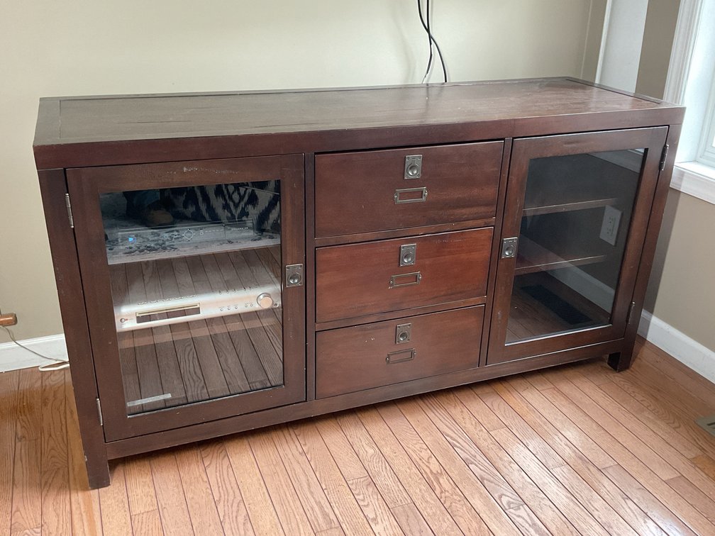Wood Entertainment Console Cabinet With Glass Panels