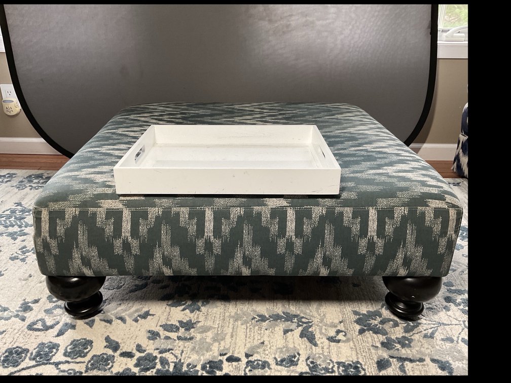 West Elm Upholstered Ottoman with Wooden Legs and Tray