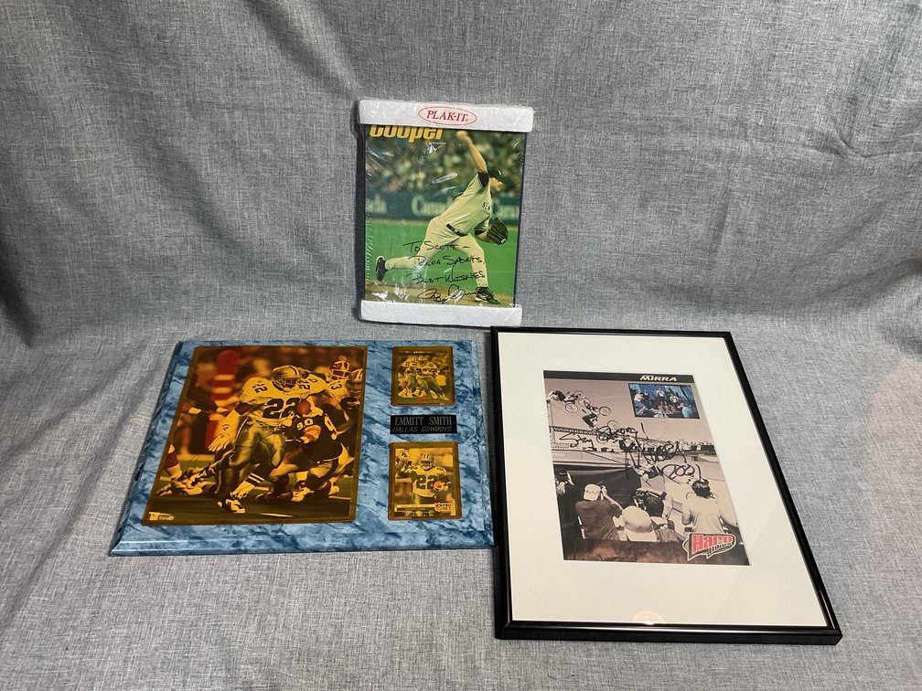 Dave Mirra Autographed BMX Sports Photo, Emmitt Smith Framed Memorabilia, and Plak-It Signed Baseball Photo