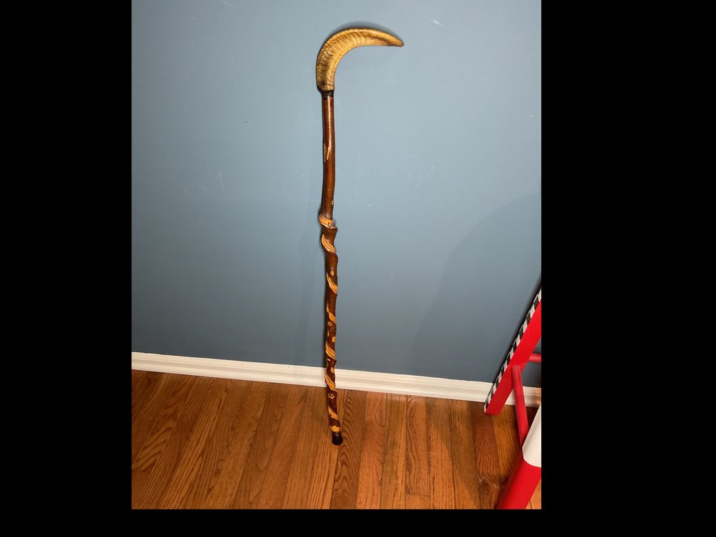 Carved Wood Walking Stick with Horn Handle