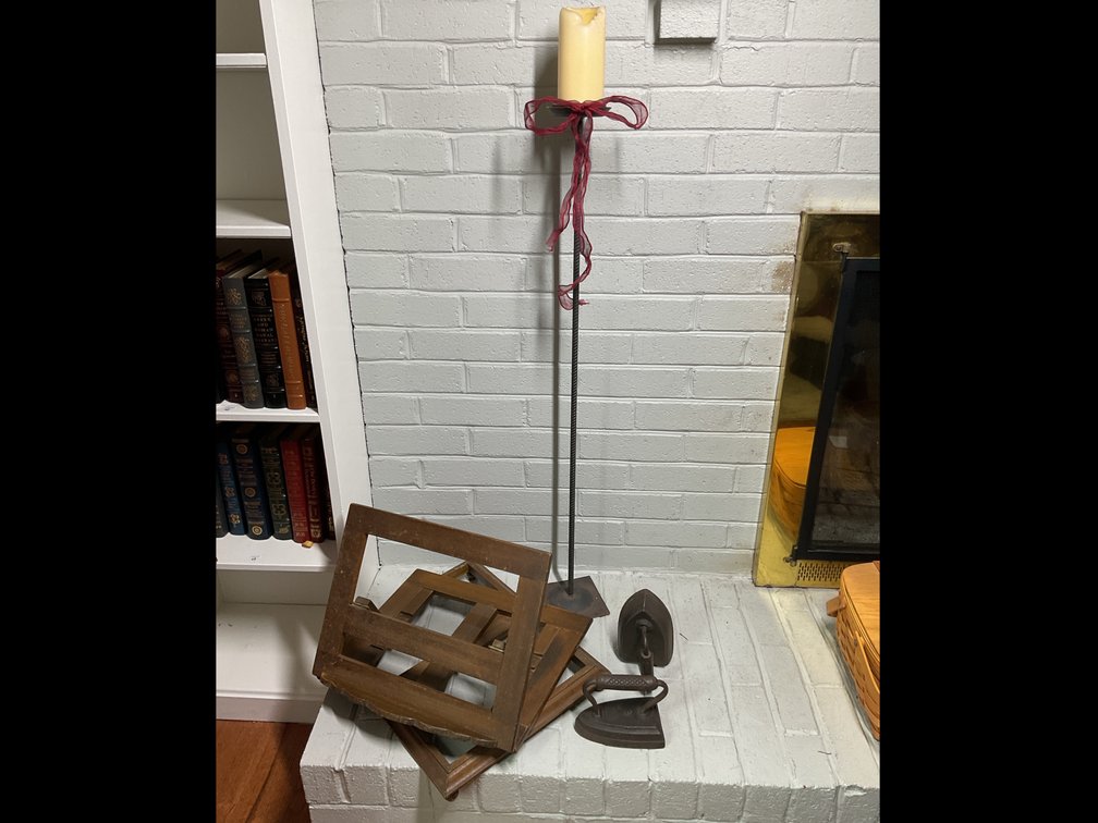 Vintage Sad Irons, Wrought Iron Candle Holder, and Wooden Book Rest