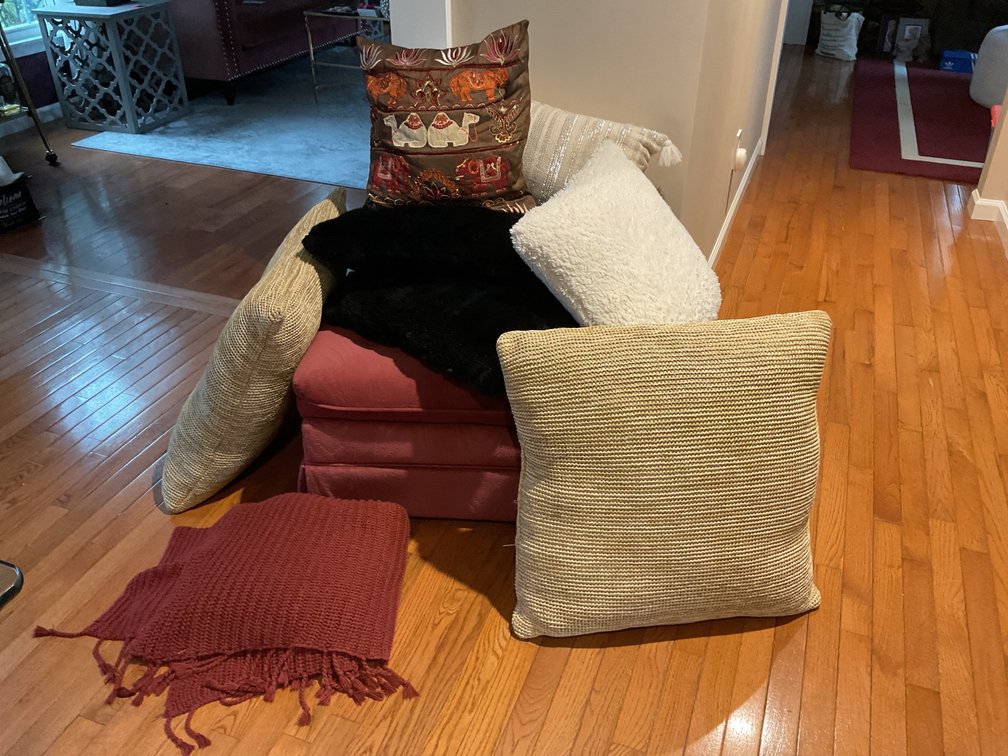 O'Homan Ottoman, Pillows, and Knit Throw