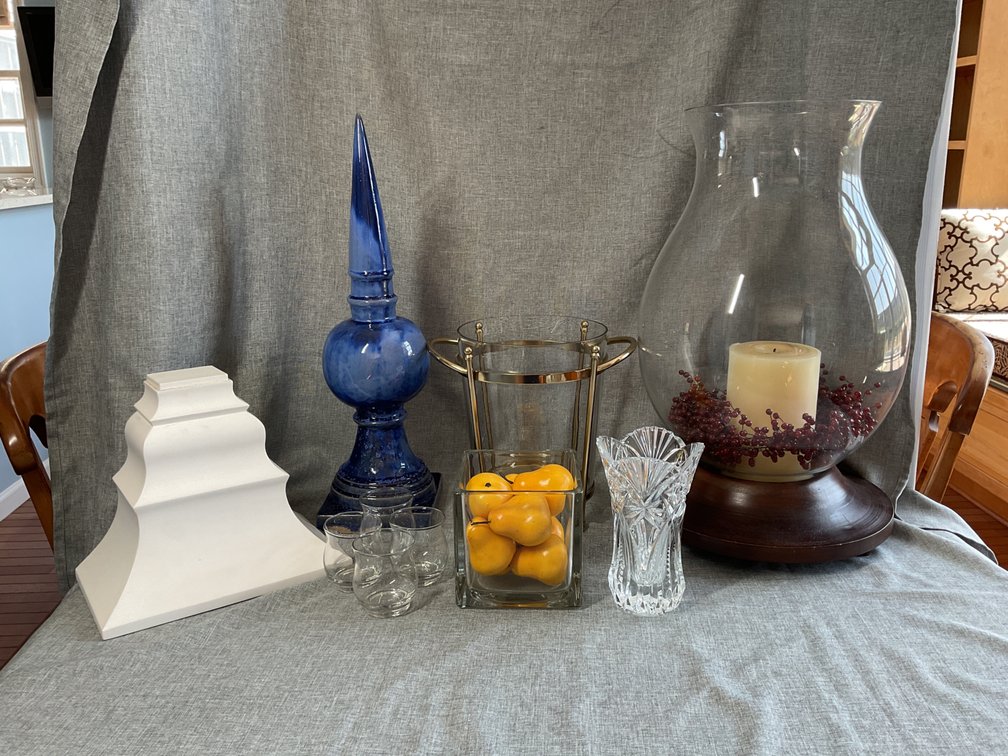 Williams Sonoma Glassware, Blue Finial, and Decor Assortment