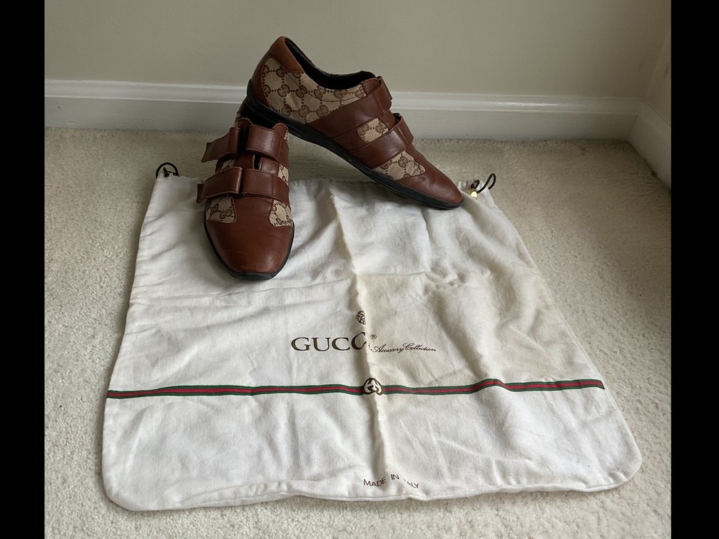 Gucci Brown Leather and Monogram Canvas Strap Shoes