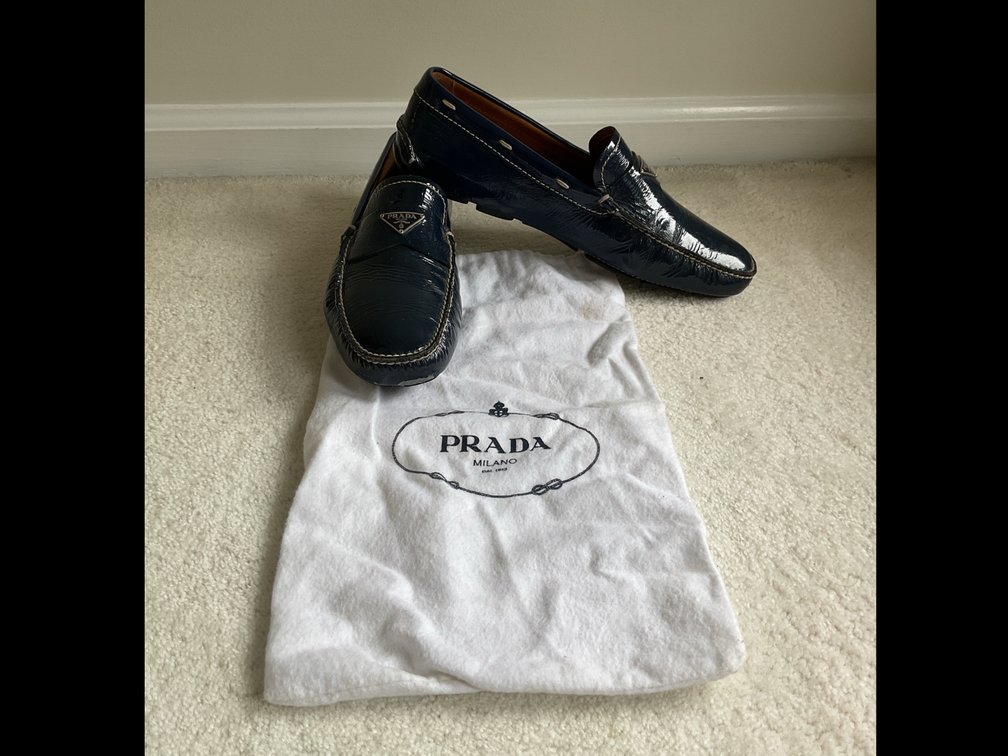 Prada Blue Patent Leather Loafers with Wooden Shoe Trees