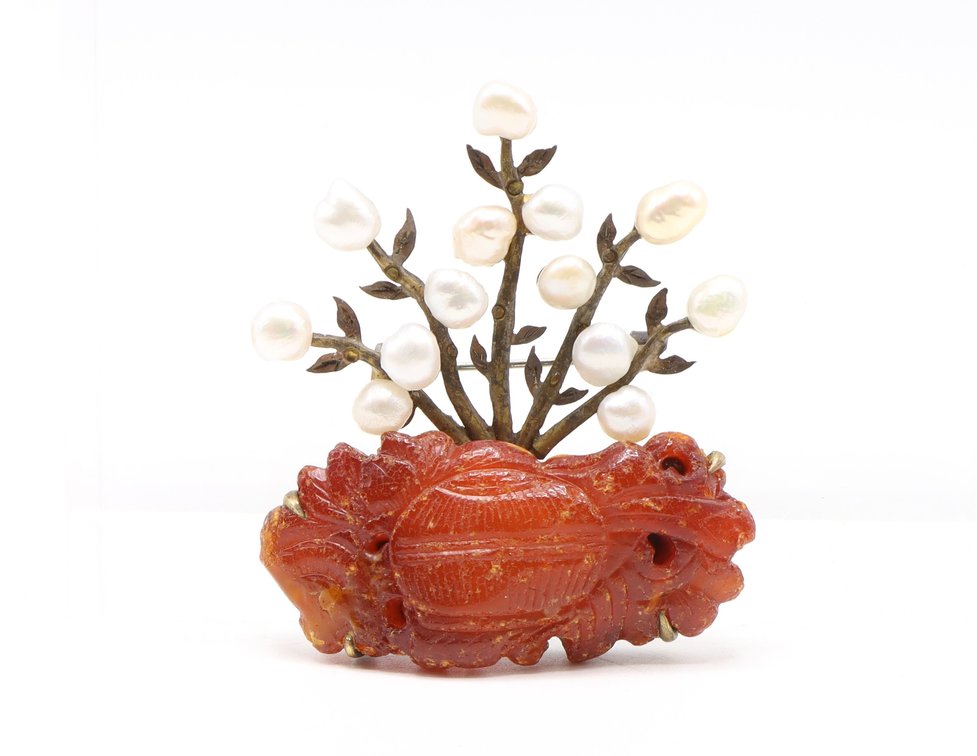 Amber and Pearl Brooch
