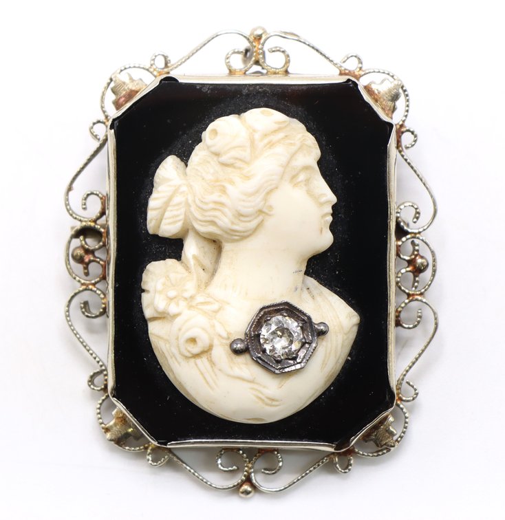 14k WG Cameo and Diamond Brooch