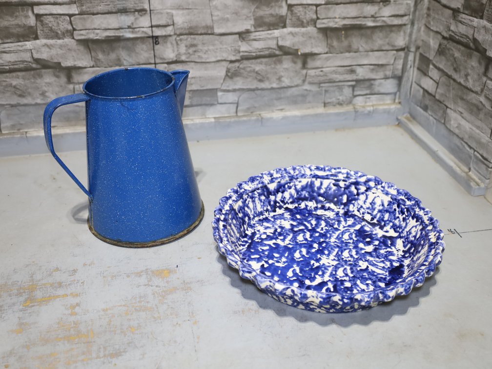 Blue-speckled Enamelware Pitcher, Nola Watkins Collection Handpainted Spongeware Pie Plate and more