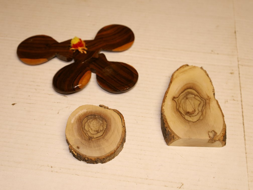 (2) Natural wood slices with bark edge & Handmade Wooden Castanets