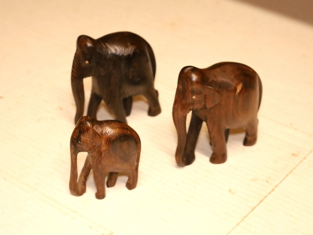 (3) Carved Wood Elephant Figurines