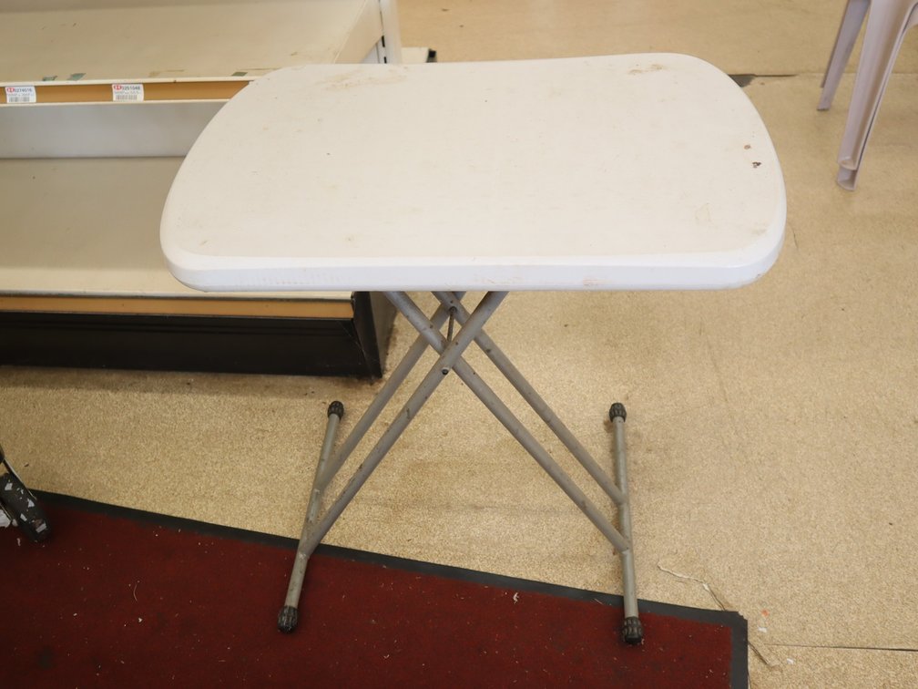 Wood folding card table, small plastic folding tray table with adjustable legs.