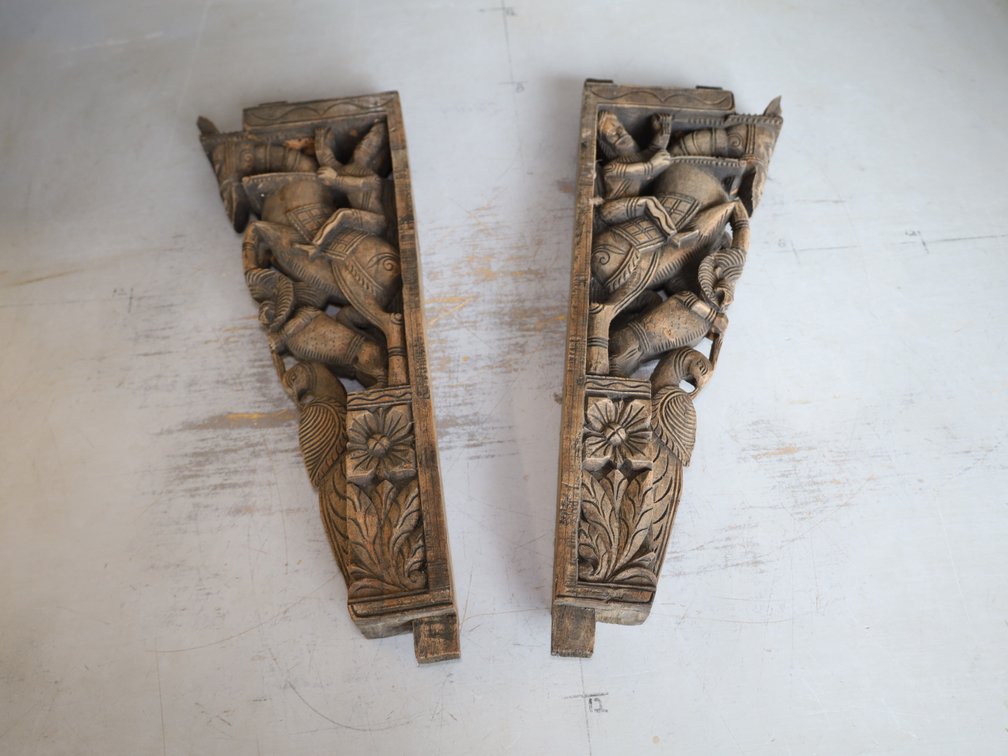 (2) Hand-Carved Wooden Wall Brackets