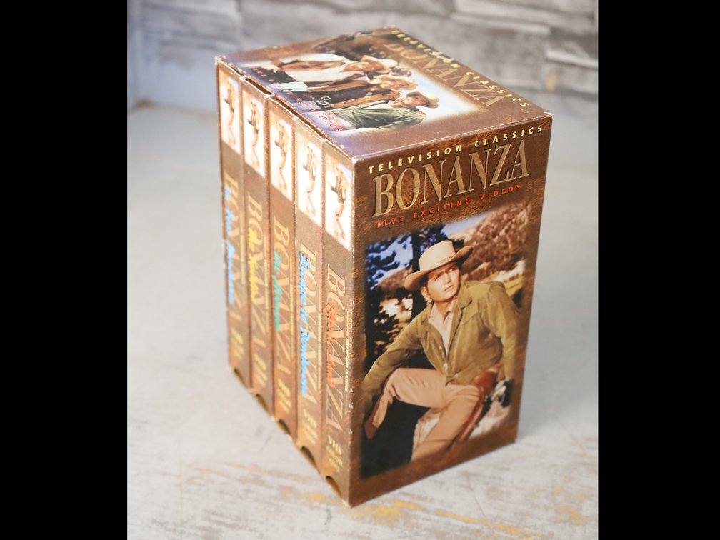 Bonanza five-tape box set, John Wayne, Gene Autry, and Roy Rogers western VHS tapes, plus A Christmas Homecoming and Pilgrim's Progress