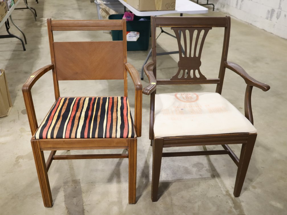 2 wooden armchairs, 1 with Gillam Soap Works feed sack style seat