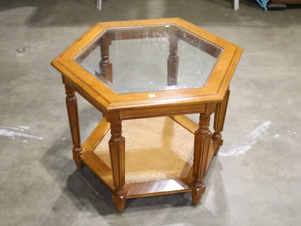 Traditional Maple Hexagonal End Table with glass inset top