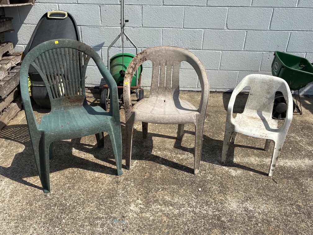 3 Plastic Patio Chairs - assorted styles and sizes