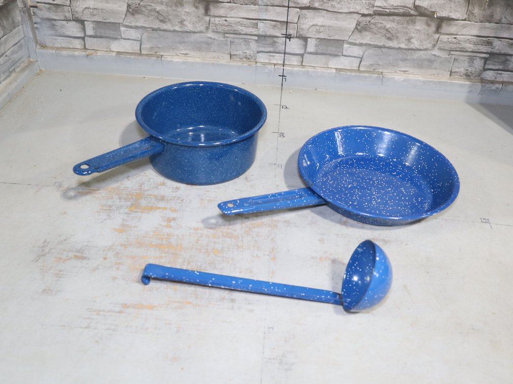 Blue Speckled Enamelware Pot, Skillet and Ladle