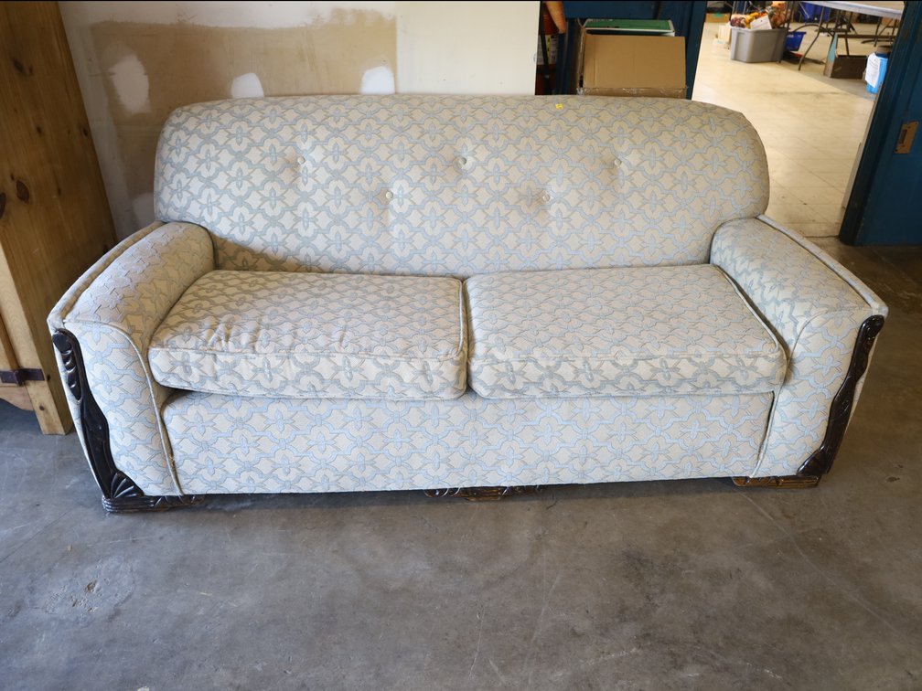 Upholstered Two-Cushion Sofa w/ Carved Wood Arm Accents