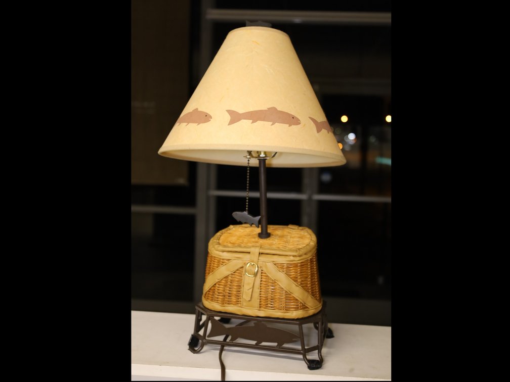 Table Lamp w/ Wicker Fishing Creel Base & Fish Print Shade
