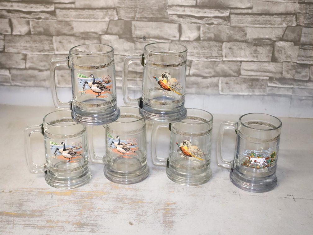 (6) Glass Beer Mugs w/ Game Birds & Hunting Motif