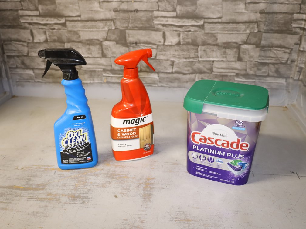 OxiClean Cooktop Cleaner, Magic Cabinet & Wood Polish, Cascade Dishwasher Pods,