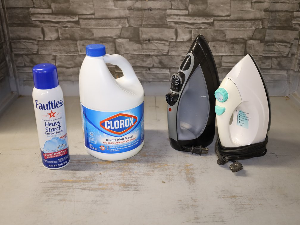 (2) Steam Irons, Faultless Heavy Starch Spray, & Bleach