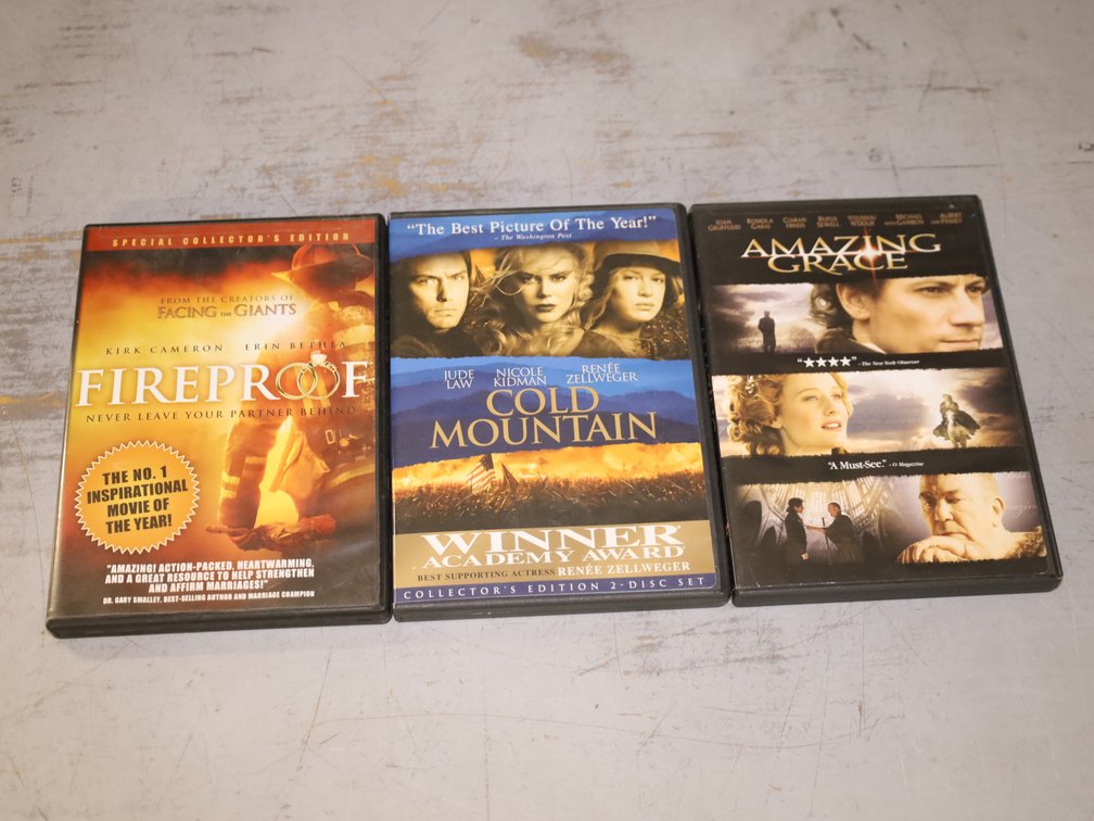 DVDs - Fireproof, Cold Mountain, Amazing Grace, Holy Bible, Jesus Fact or Fiction,
