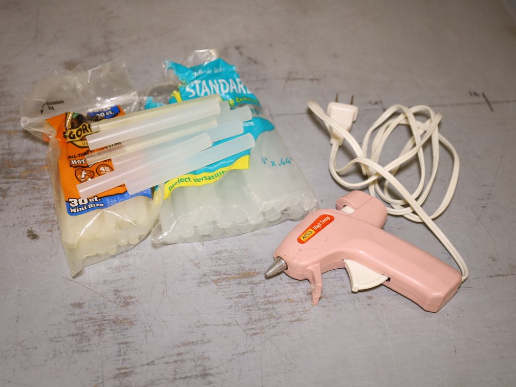 Glue Gun w/ Glue Sticks, Gold & Silver Sequins, Mesh Trim