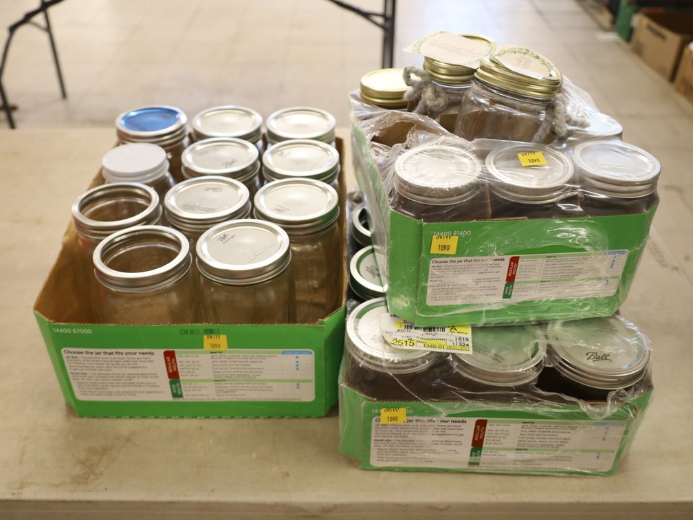 Cases of Ball Mason Jars incl. Quart, Pint, & Jelly Jars w/ Lids.