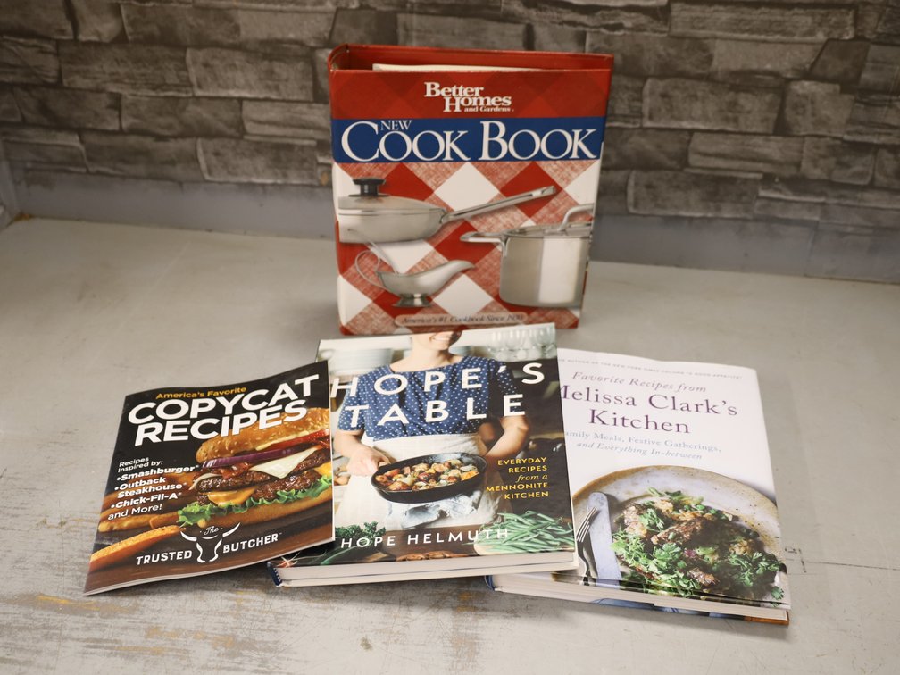 Cook Books: Better Homes & Gardens New Cook Book, Copycat Recipes, Hope's Table, & Melissa Clark's Kitchen.