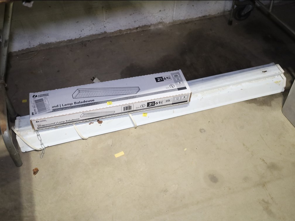 Lithonia Lighting 2' Wraparound Shop Light Fixtures (Boxed) & Plug-In 4' Fluorescent Fixture.