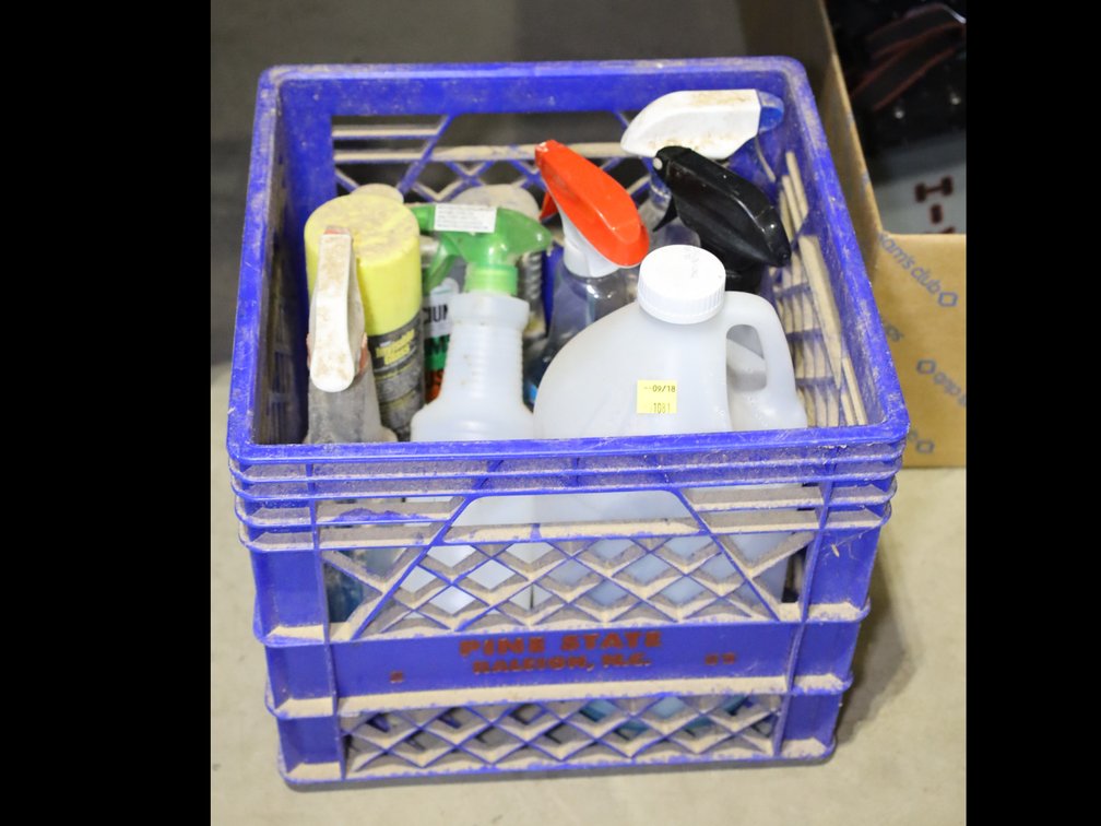 Milk Crate w/ American XT Windshield Wash, Windex, Black Magic Aluminum Wheel Cleaner, Rain-X Glass Cleaner, & Assorted Car Cleaning Sprays