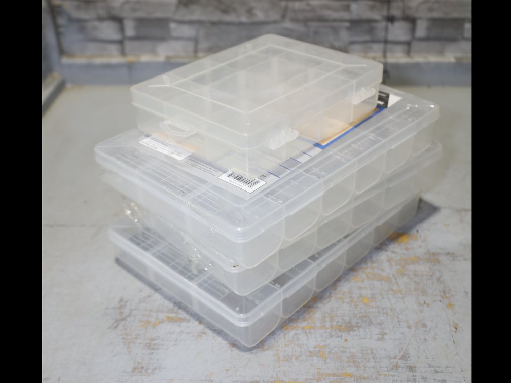 (4) Plastic Storage Organizer Boxes, Mesh Wastebasket, & Reacher Grabber Tool