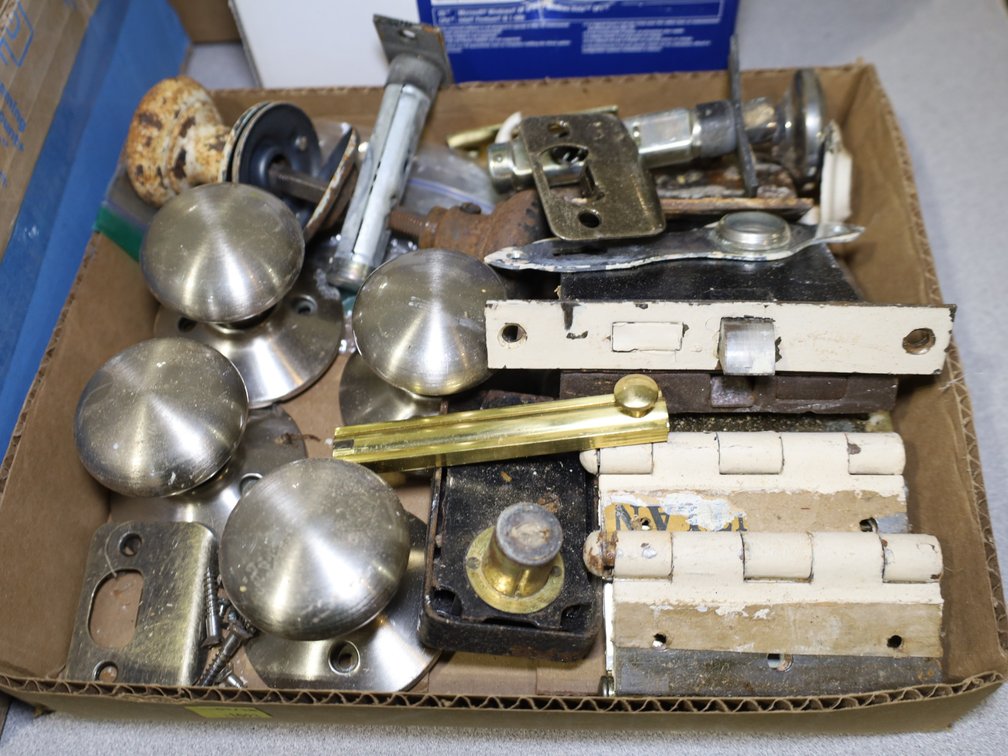 Box of Door Knobs, Mortise Locks, Hinges, Strike Plates & Assorted Door Hardware