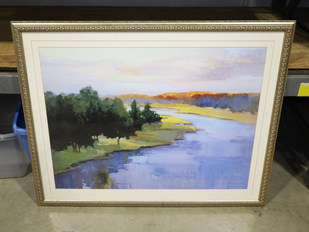 Large Framed River Landscape Print & Framed Stone Bridge Photograph