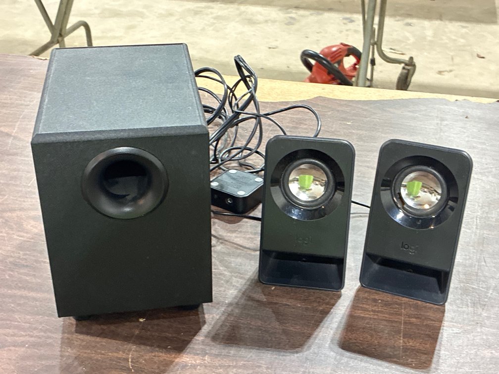Logitech Speaker System w/ Subwoofer & (2) Satellite Speakers, Plus Box of Assorted Cables