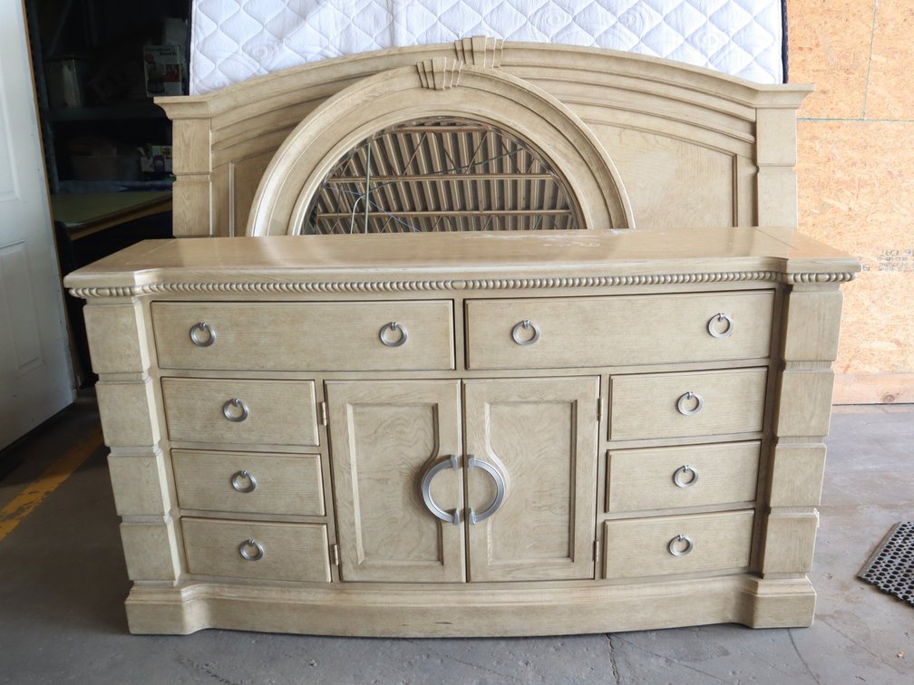 9-Drawer Dresser w/ (2) Door Cabinet & Round Mirror, & Matching Bed Frame