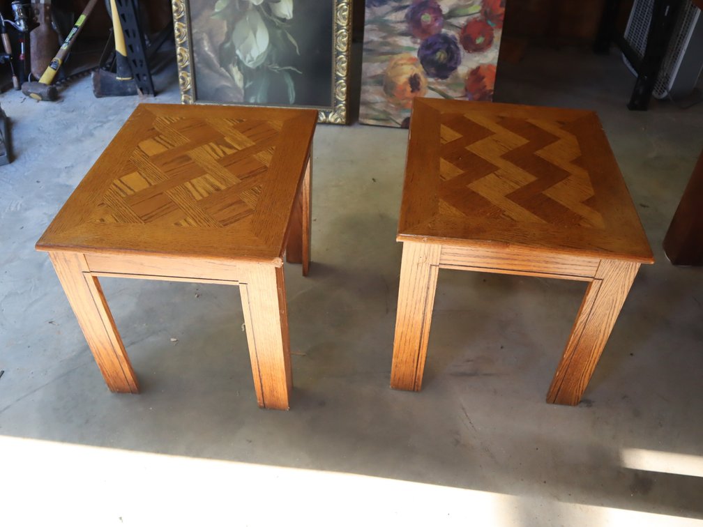 Pair Of Oak End Tables w/ Parquet Inlay Tops