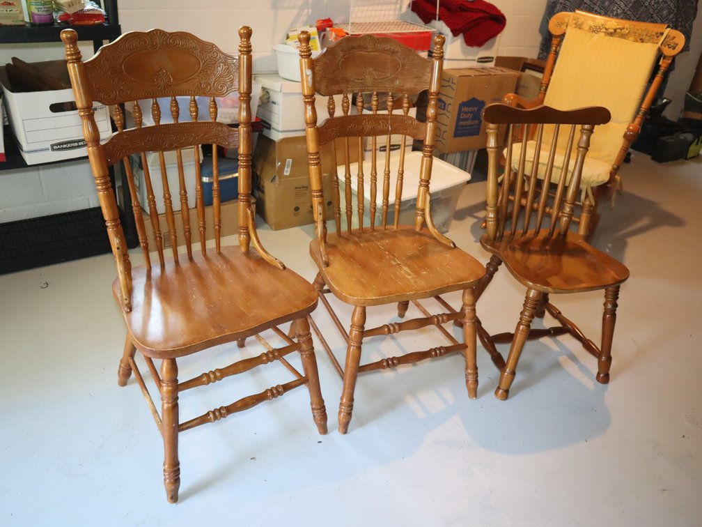 (2) Carved Pressback Armchairs & Plain Spindle Back Side Chair