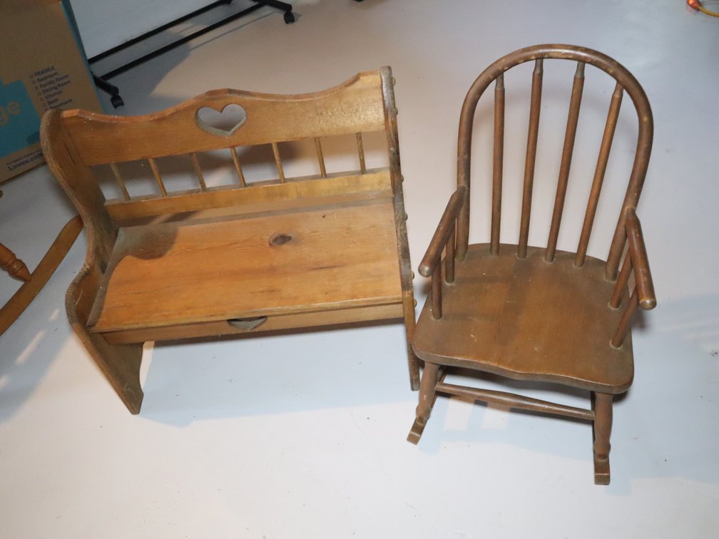 Heart-Cutout Doll Bench & Spindle-Back Doll Rocking Chair