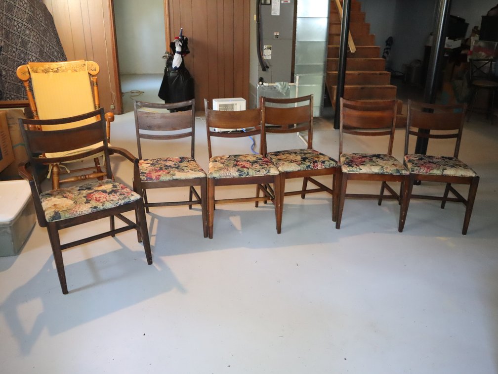 Set of (6) Wood Ladder Back Dining Chairs w/ Floral Upholstered Seats
