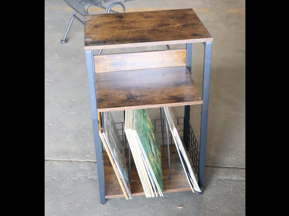 Industrial-Style Vinyl Record Storage Stand w/ Wire Record Rack & Records...